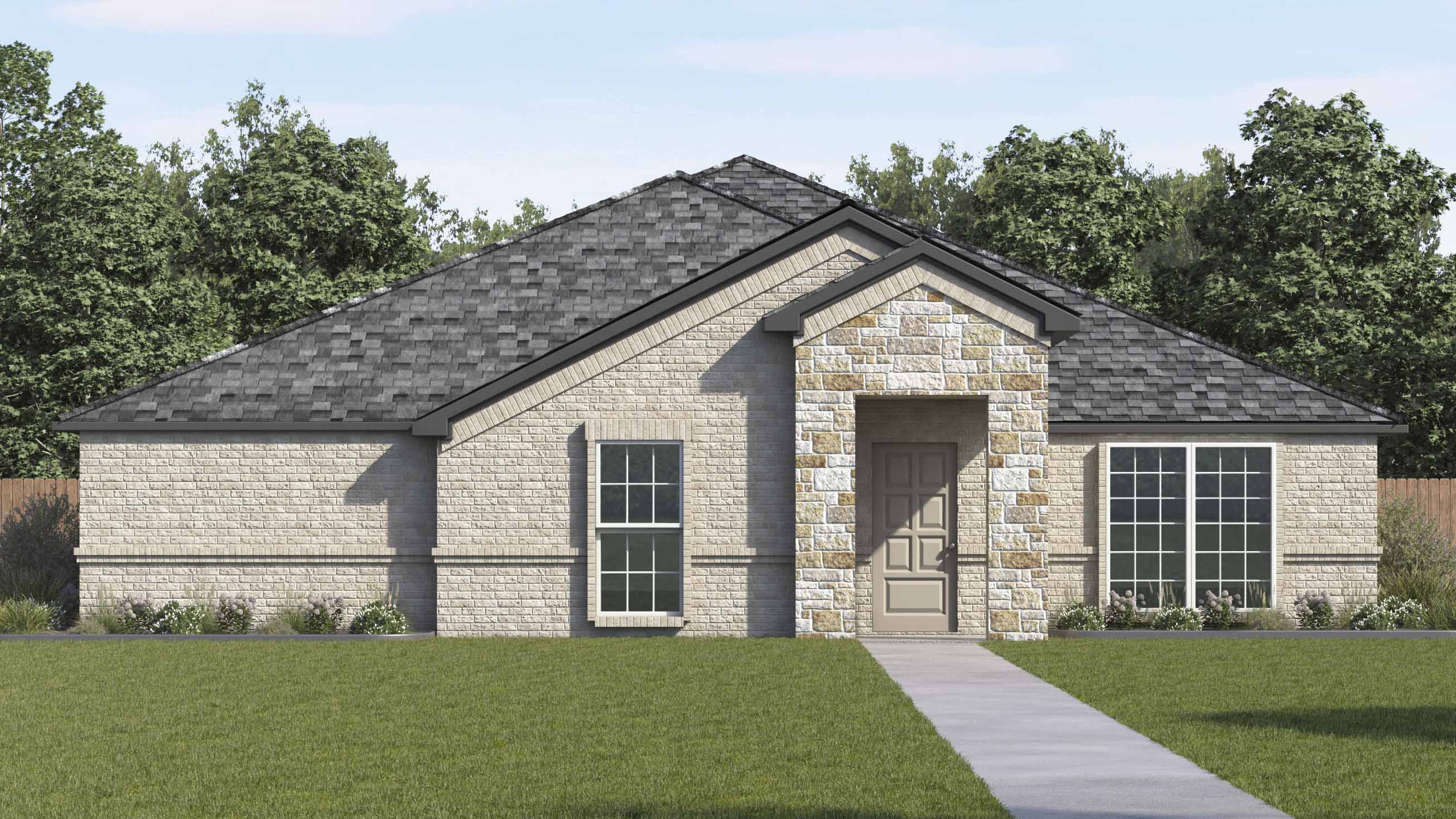 rendering of one story home with brick exterior and front middle entry to the home with large windows facing the front yard