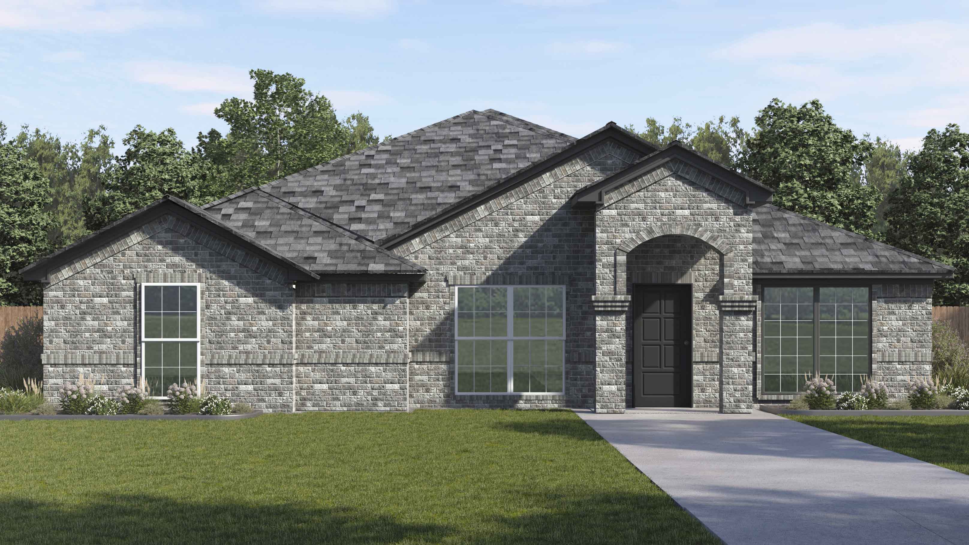 rendering of one story home with brick exterior and large windows facing the front yard