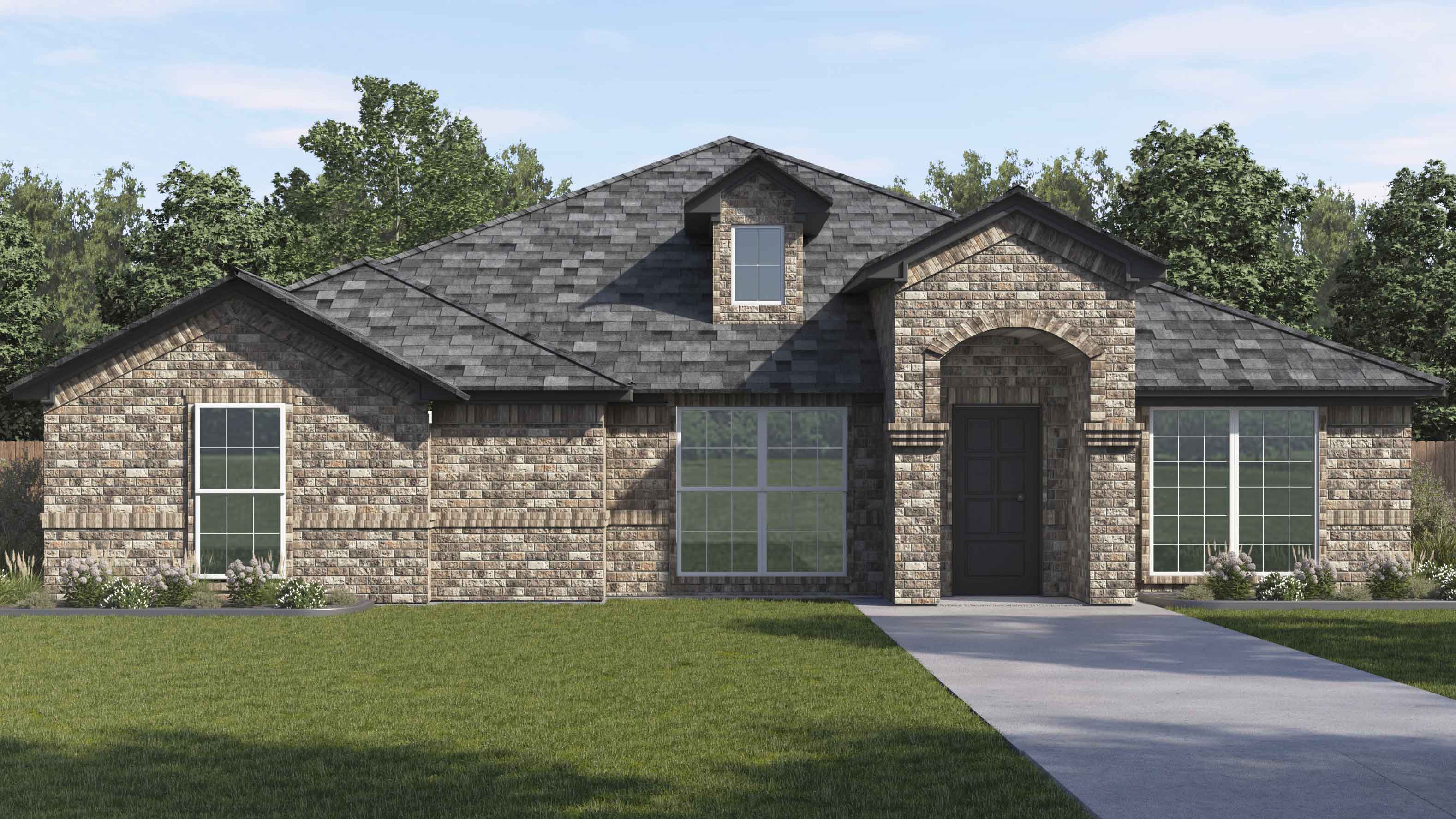 rendering of one story home with brick exterior and large windows facing the front yard