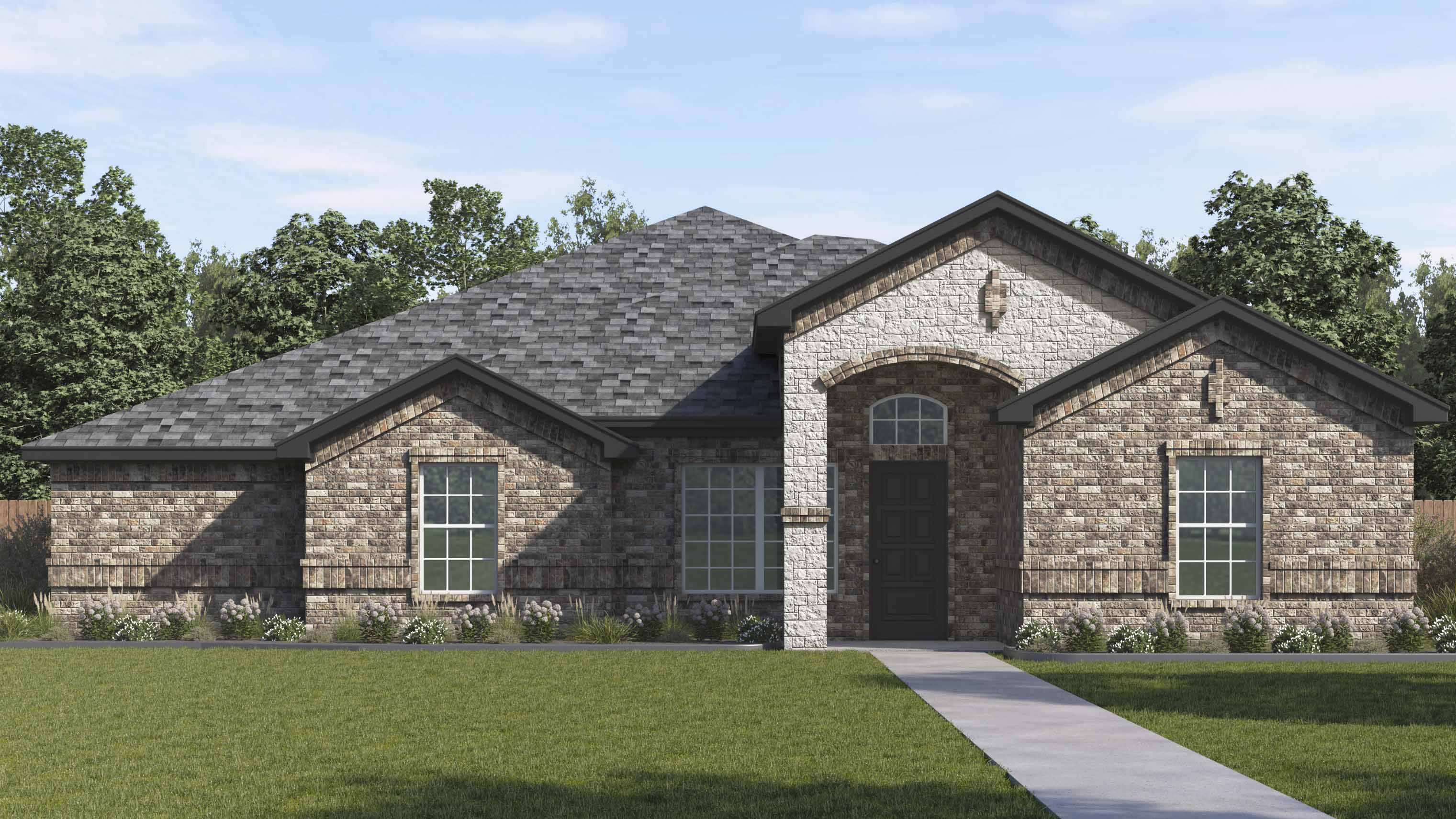 rendering of one story home with brick exterior and large windows facing the front yard and front middle entry to the home