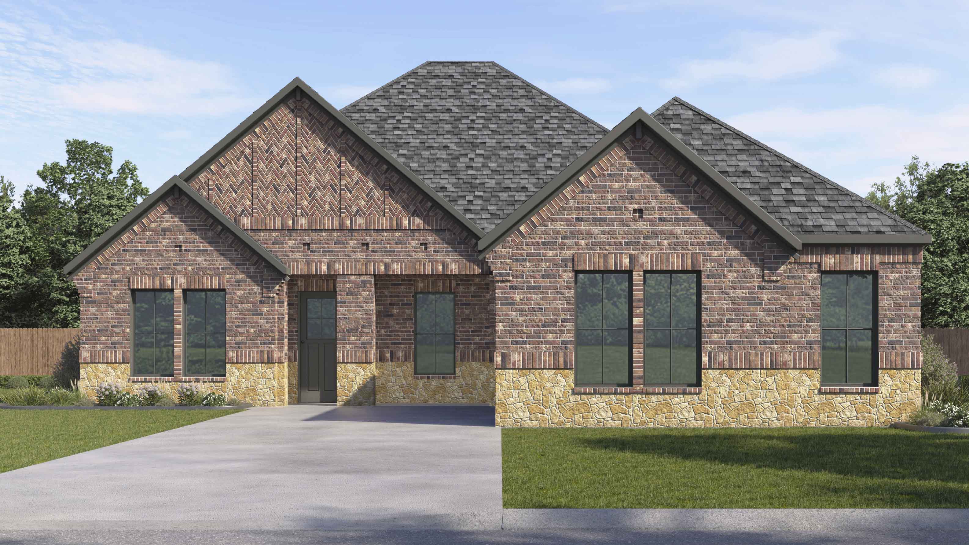 rendering of home with brick and stone exterior with large windows facing the front yard