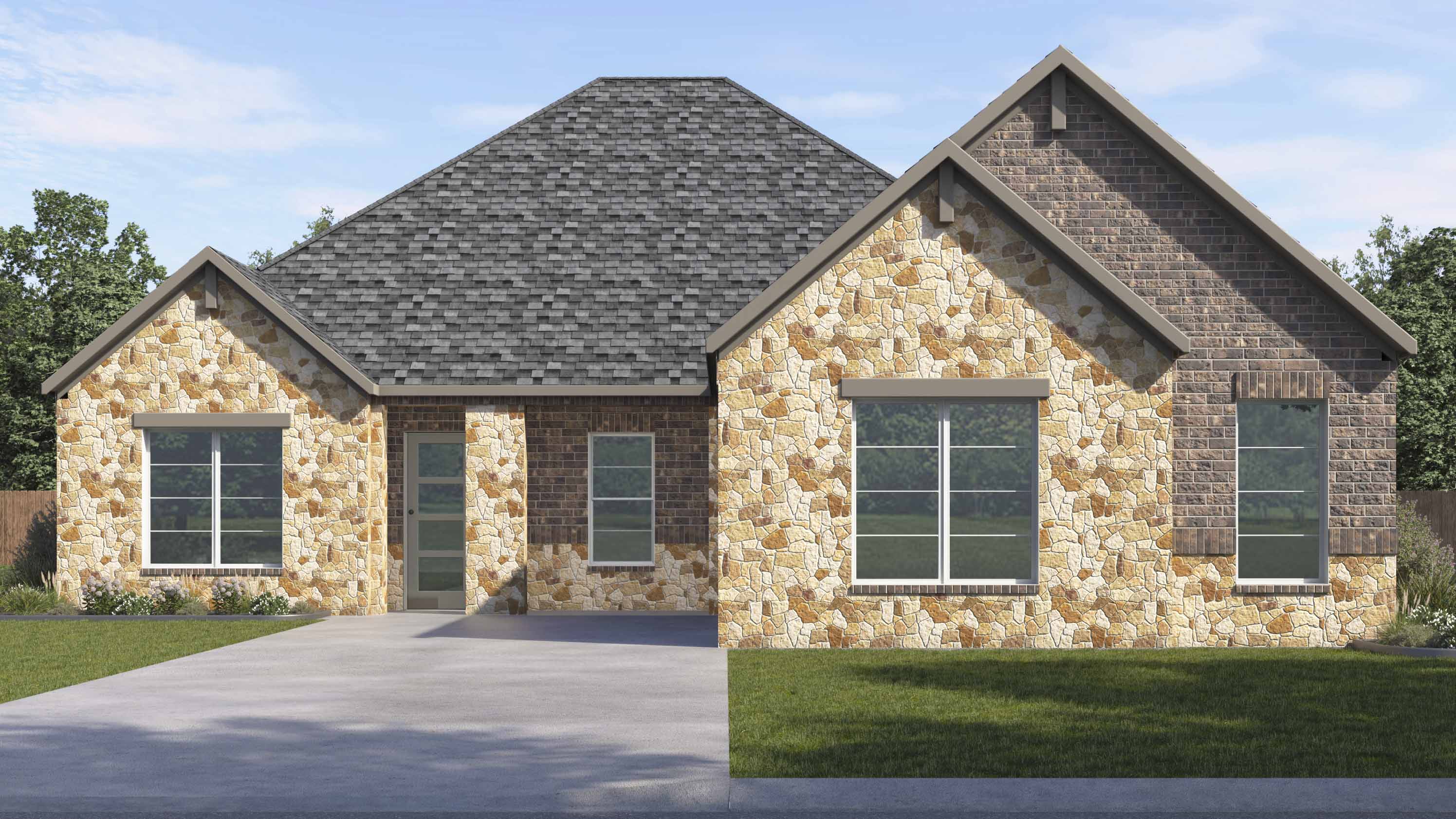 rendering of home with brick and stone exterior with large windows facing the front yard