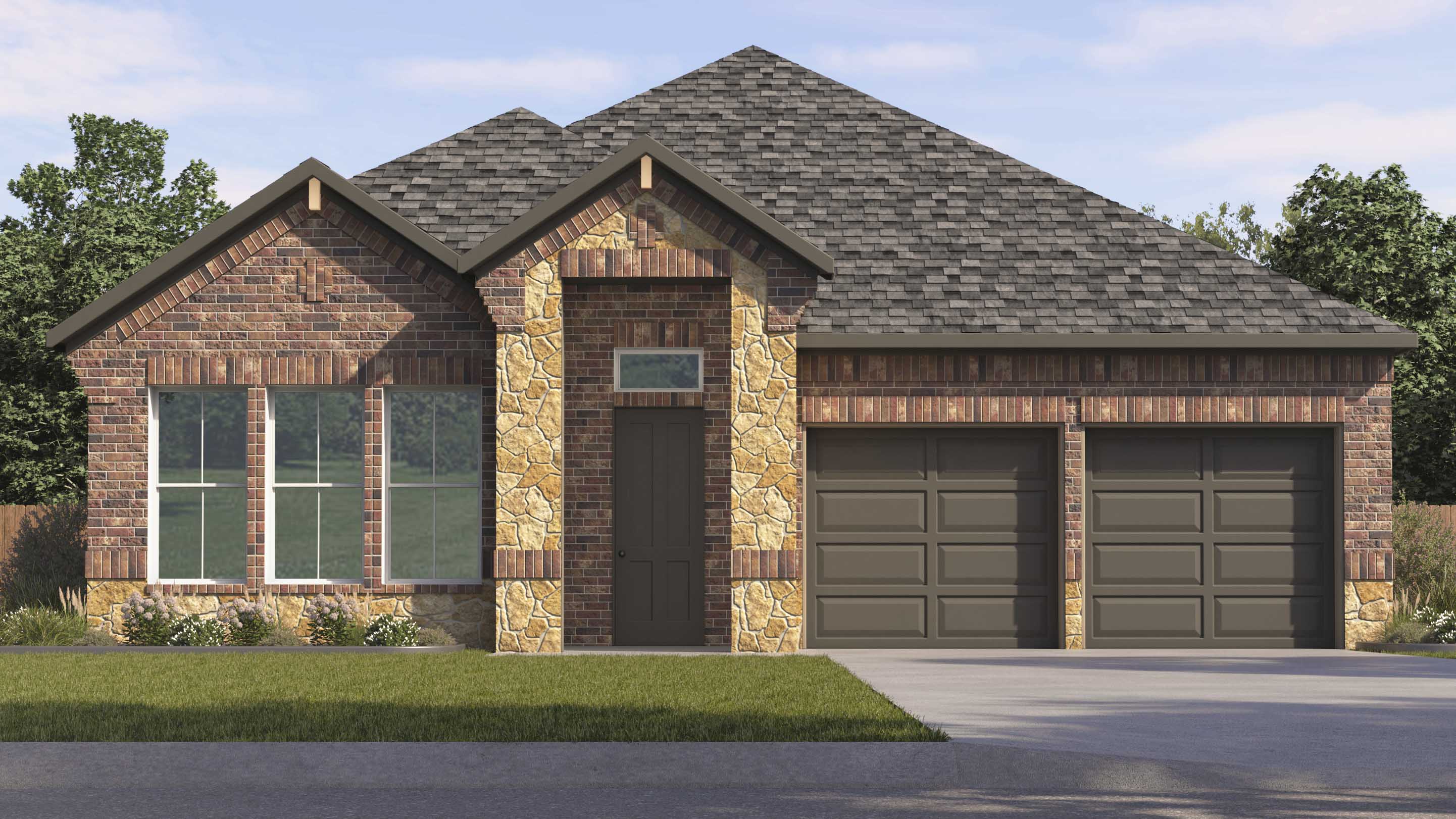 rendering of one story home with brick and stone exterior large windows facing the front yard middle entry to the home and split garages