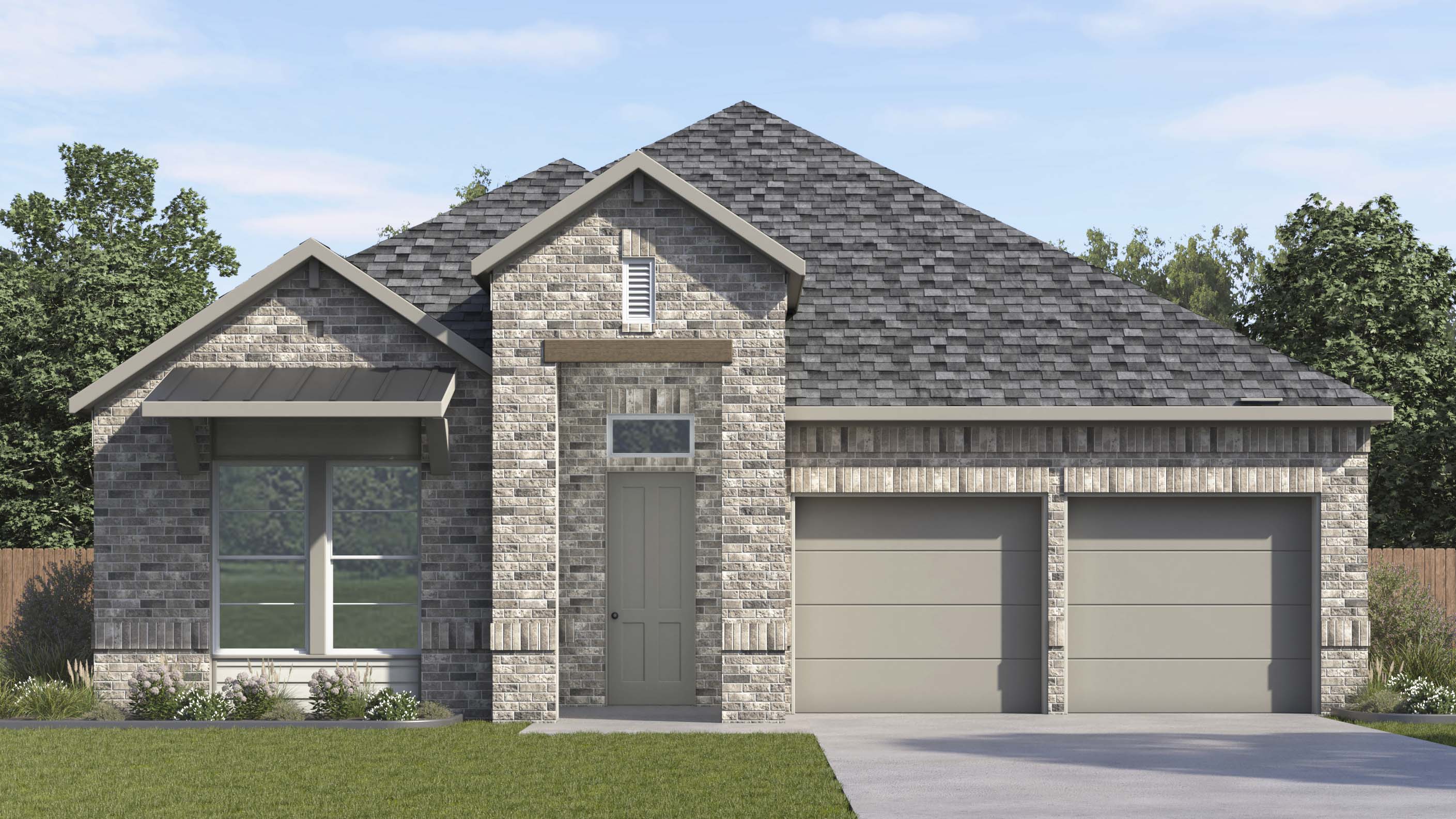 rendering of one story home with brick and stone exterior large windows facing the front yard middle entry to the home and split garages
