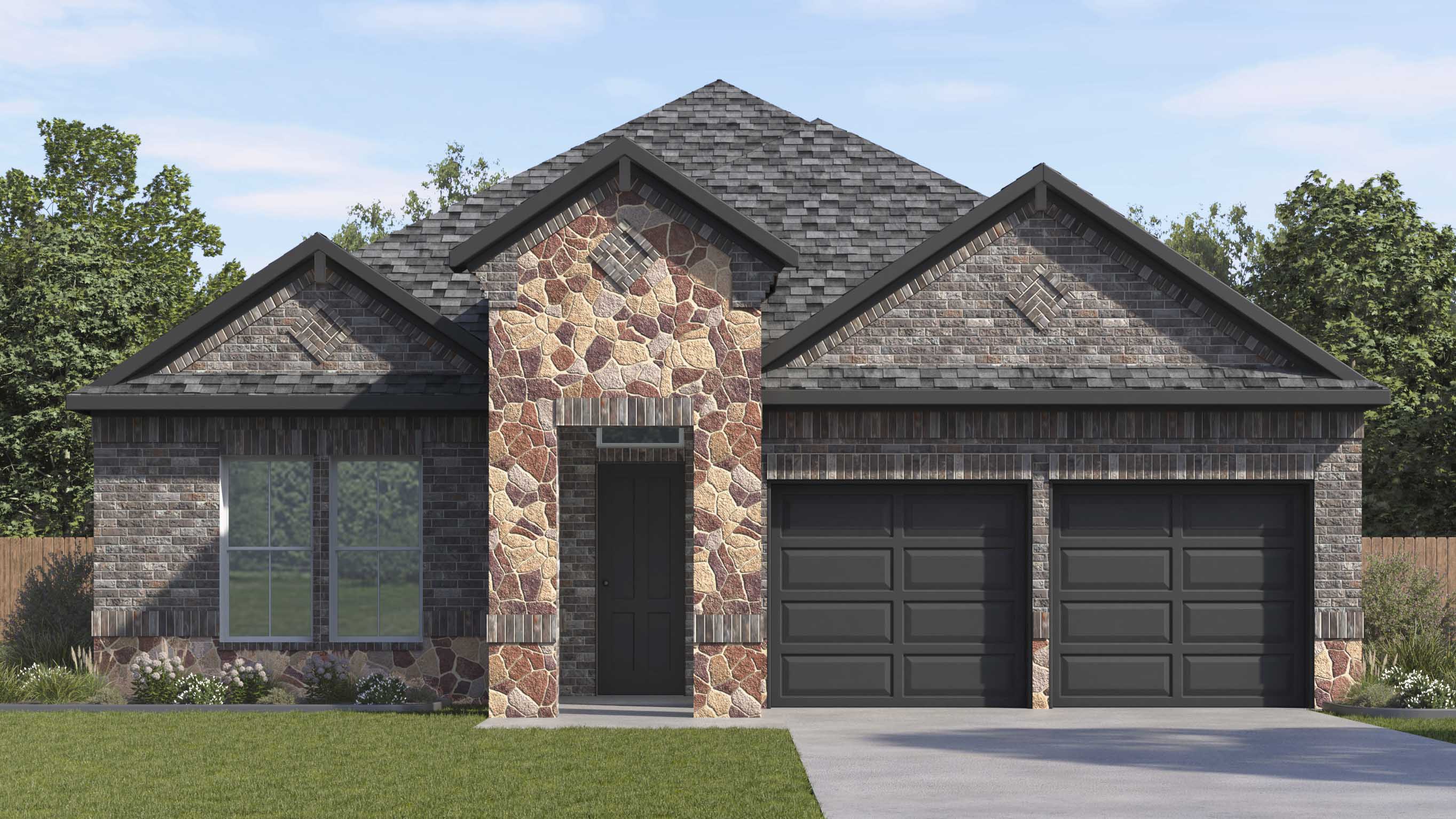 rendering of one story home with brick and stone exterior large windows facing the front yard and split garages