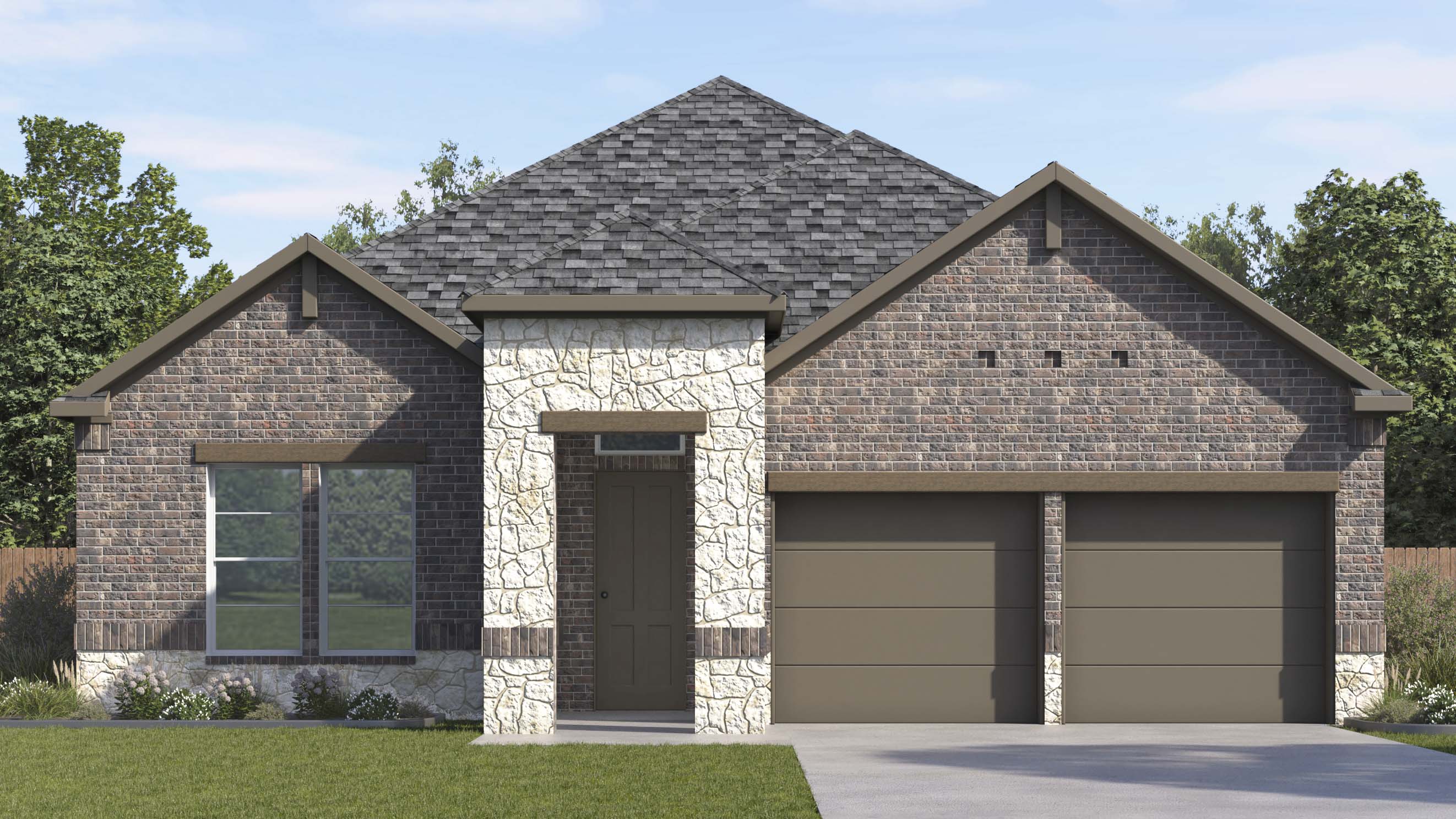 rendering of one story home with brick and stone exterior large windows facing the front yard and split garages