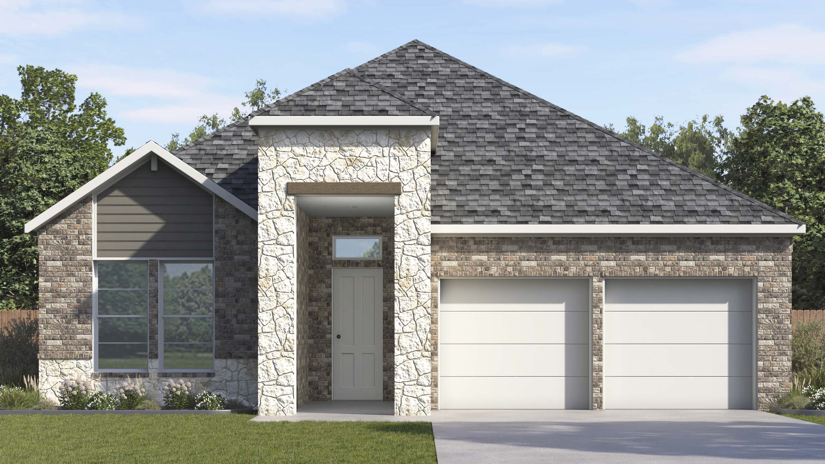 rendering of one story home with brick and stone exterior large windows facing the front yard front middle entry to the home with split garages on the right side of the home