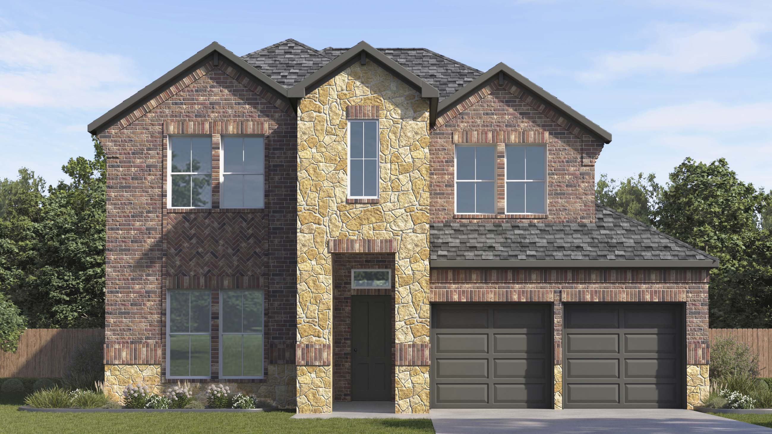 rendering of two story home with brick and stone exterior large windows facing the front yard and split garages