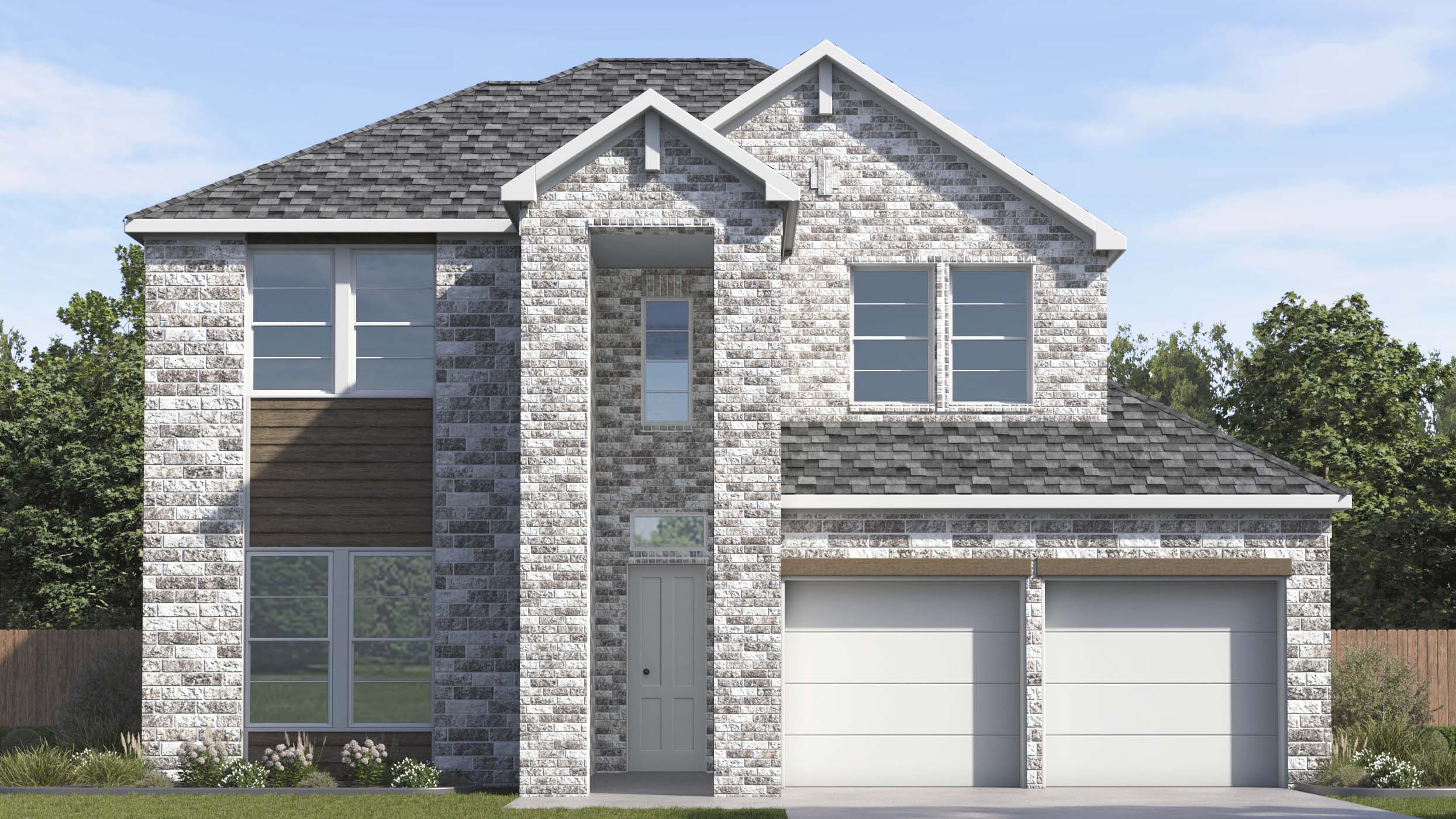 rendering of two story home with brick and stone exterior large windows facing the front yard and split garages