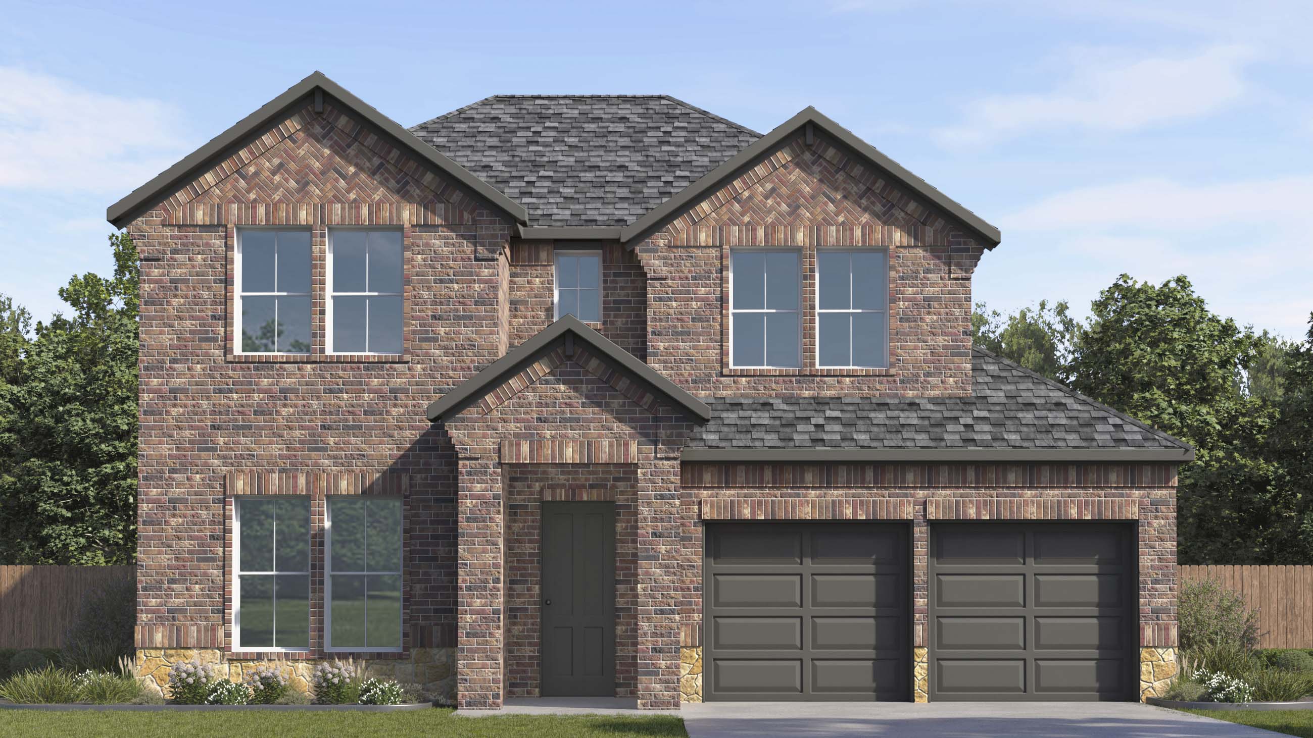 rendering of two story home with brick exterior with large windows facing the front yard and split garages