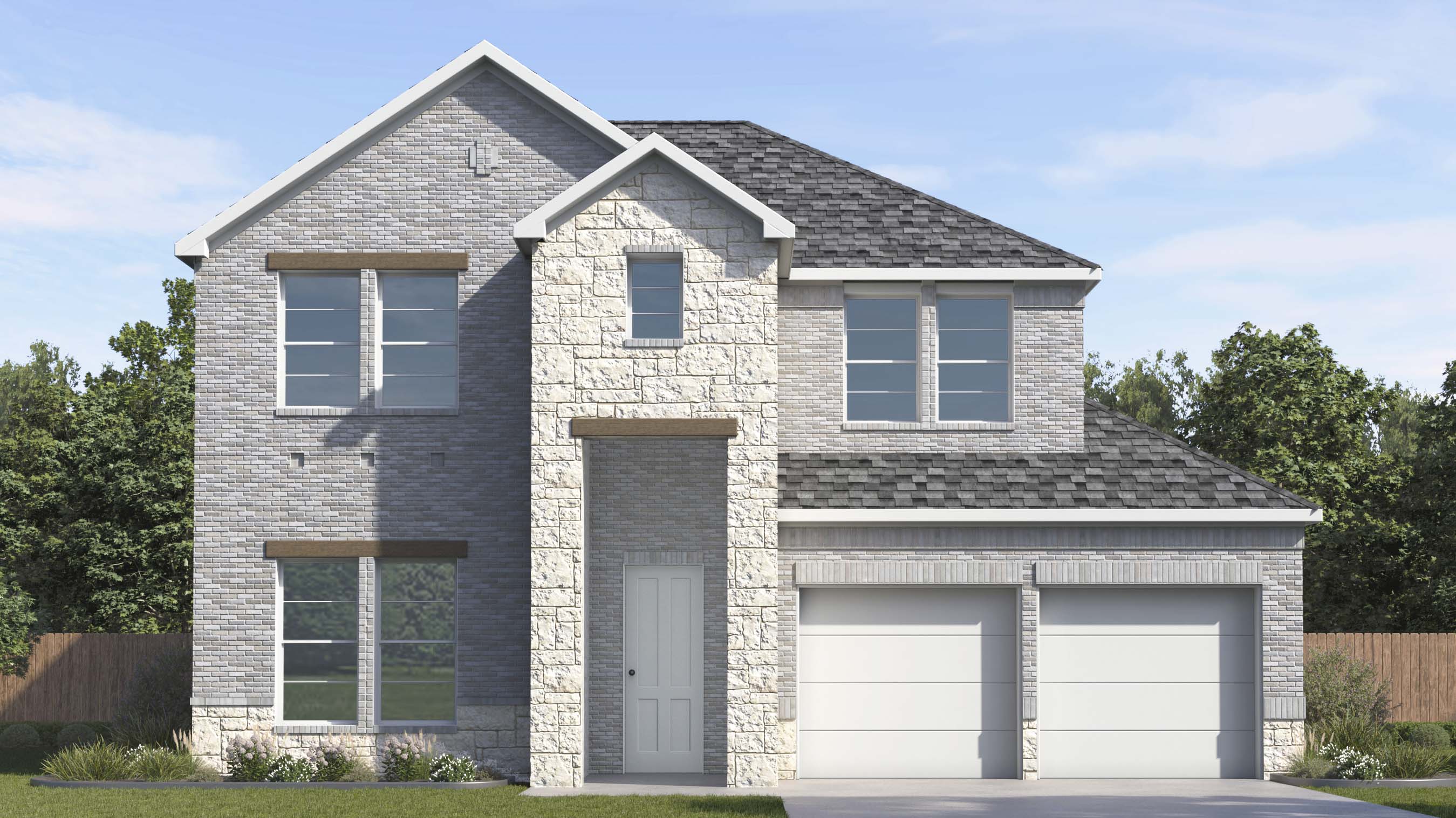 rendering of two story home with brick exterior with large windows facing the front yard and split garages