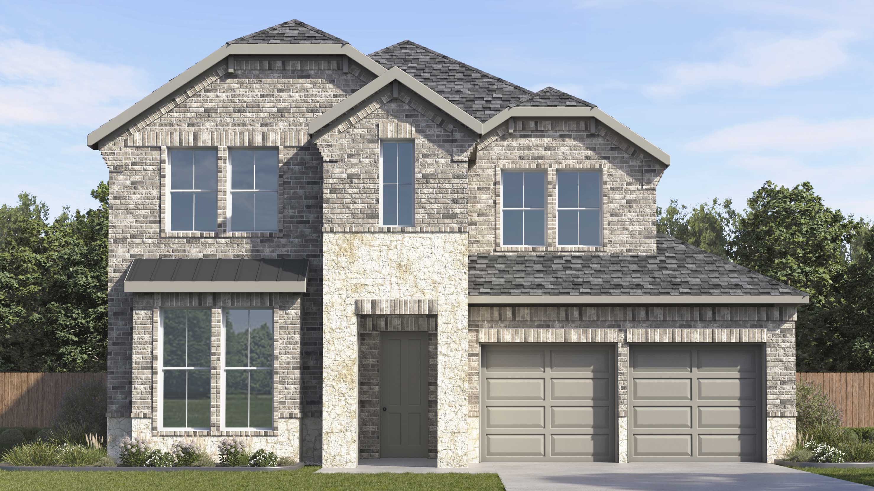 rendering of two story home with brick and stone exterior with large windows facing the front yard and split garages on the right front side of the home