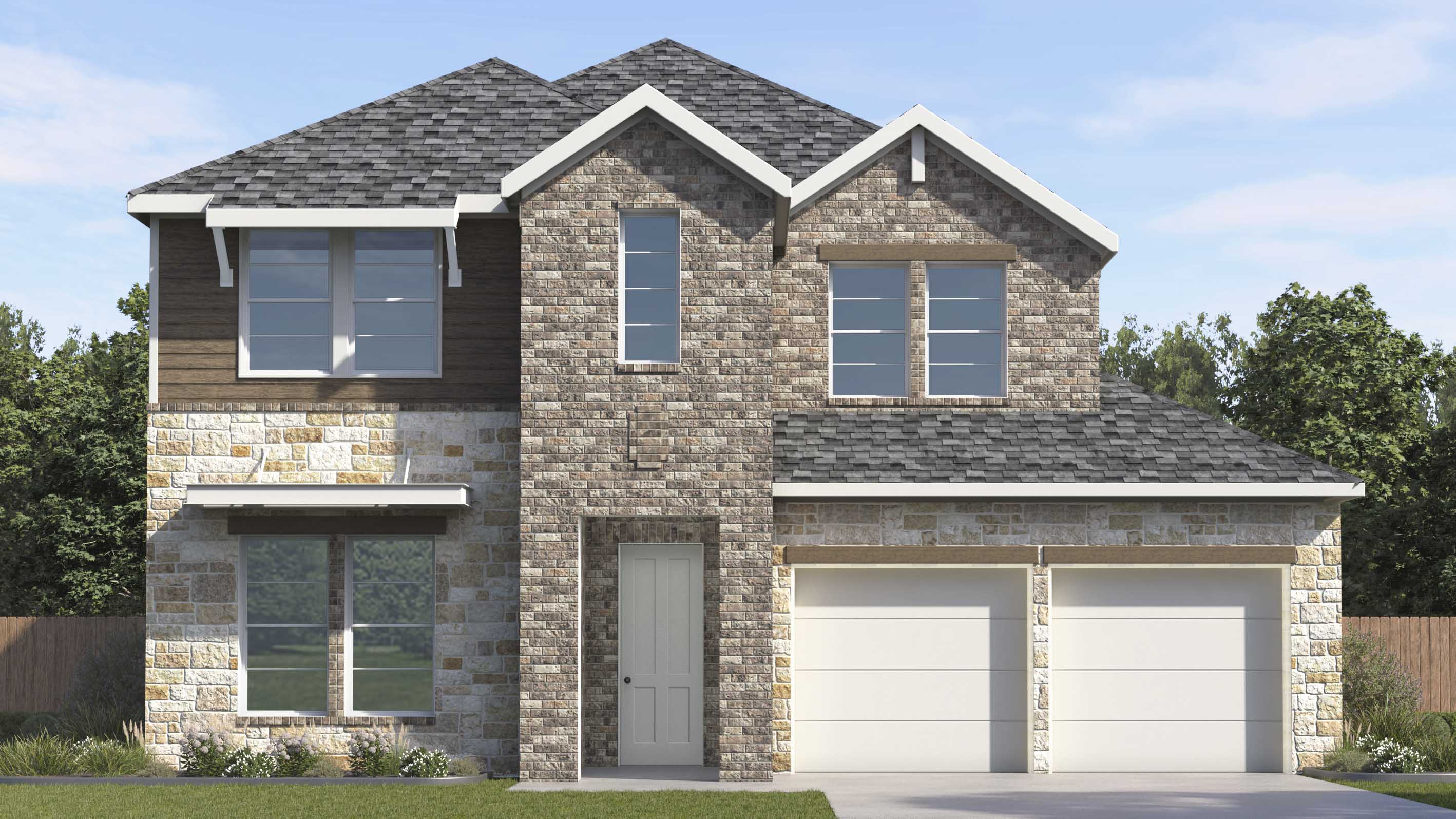 rendering of two story home with brick and stone exterior with large windows facing the front yard and split garages on the right front side of the home