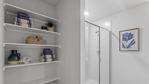 Primary bathroom with storage shelving and walk in shower