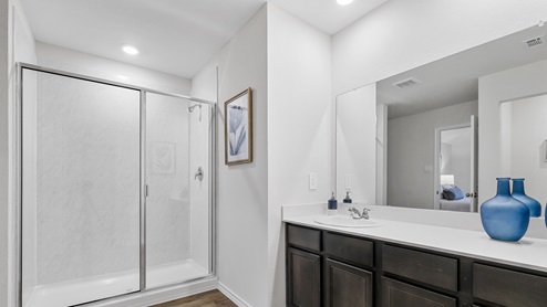 Primary bathroom with long vanity and walk in shower