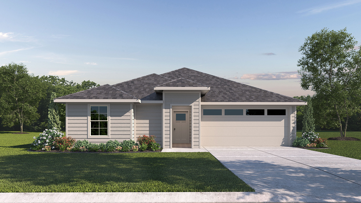 rendering of one story home with light colored exterior and large window facing the front yard with middle front entry to the home