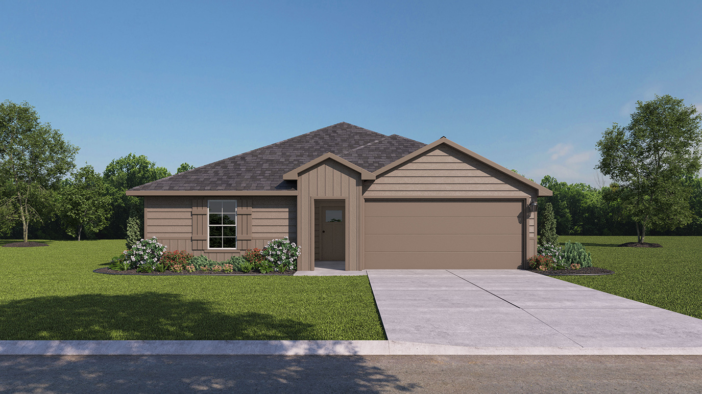 rendering of one story home with light color exterior with middle entrance to the home