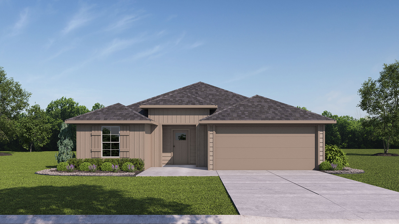 rendering of one story home with light colored exterior and large window facing the front yard with middle entrance to the home