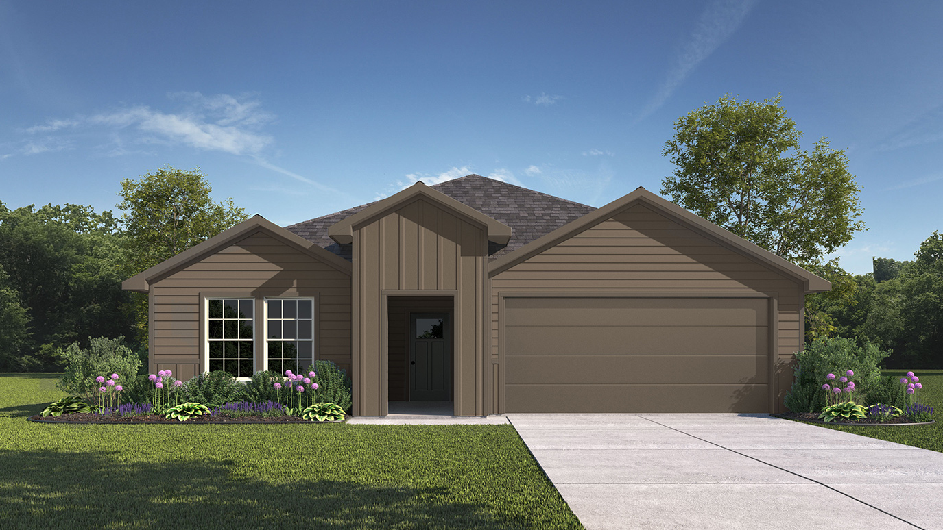 rendering of one story home with brick and stone exterior