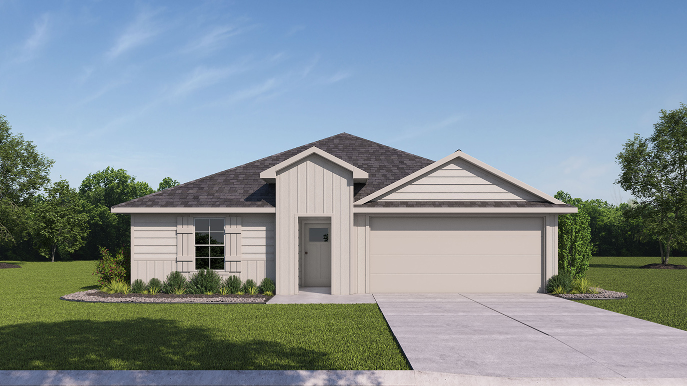 rendering of one story home with light colored exterior and large window facing the front of the yard with middle entry to the home