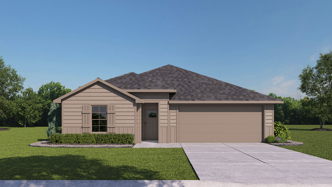 rendering of one story home with light colored exterior and large window facing the front yard with middle entry to the home