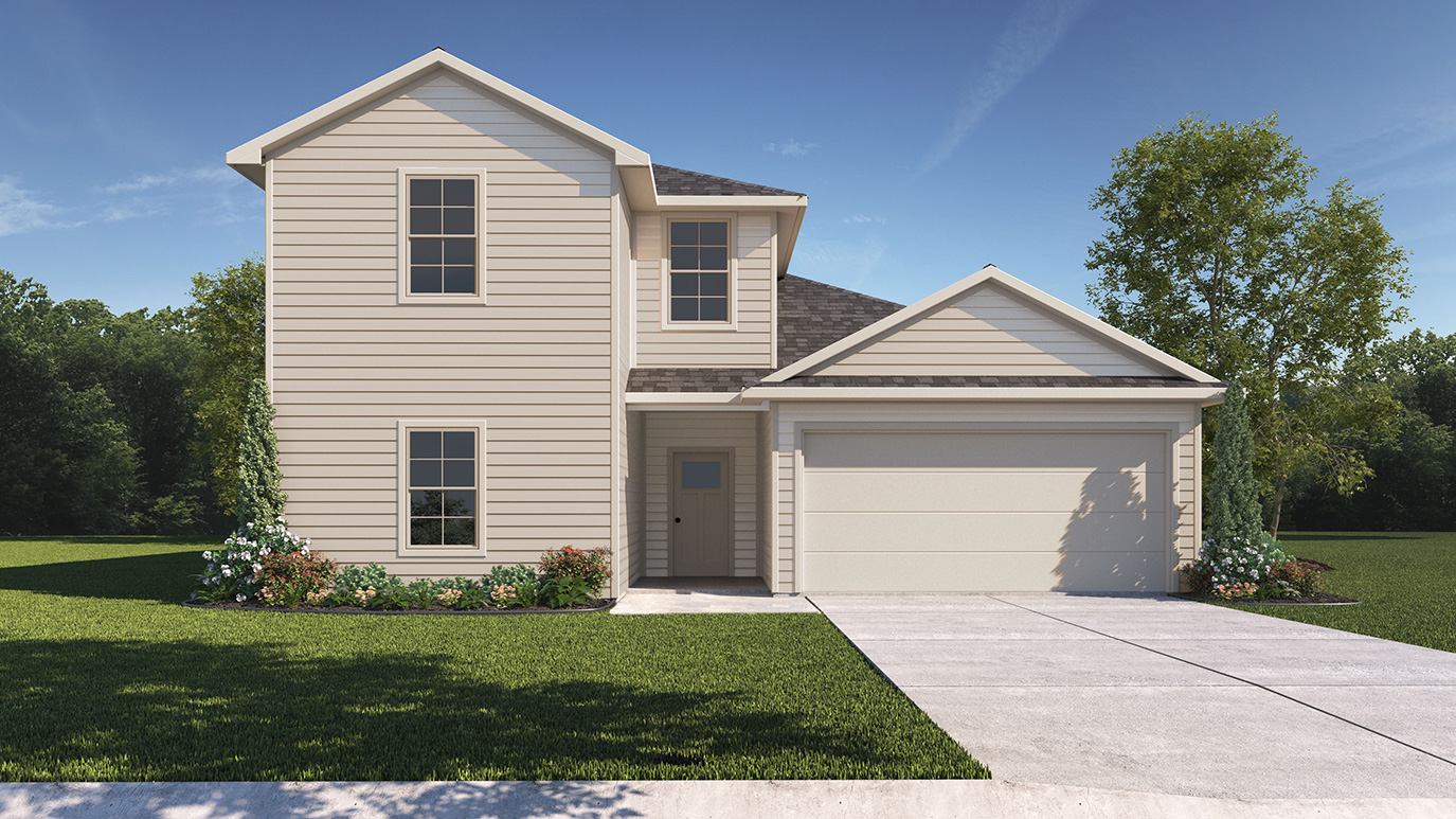 rendering of two story home with large windows facing the front yard and middle front entry to the home