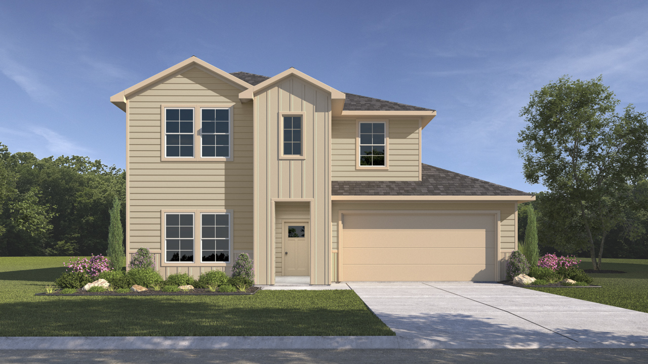 rendering of two story home with light colored exterior and large windows facing the front yard