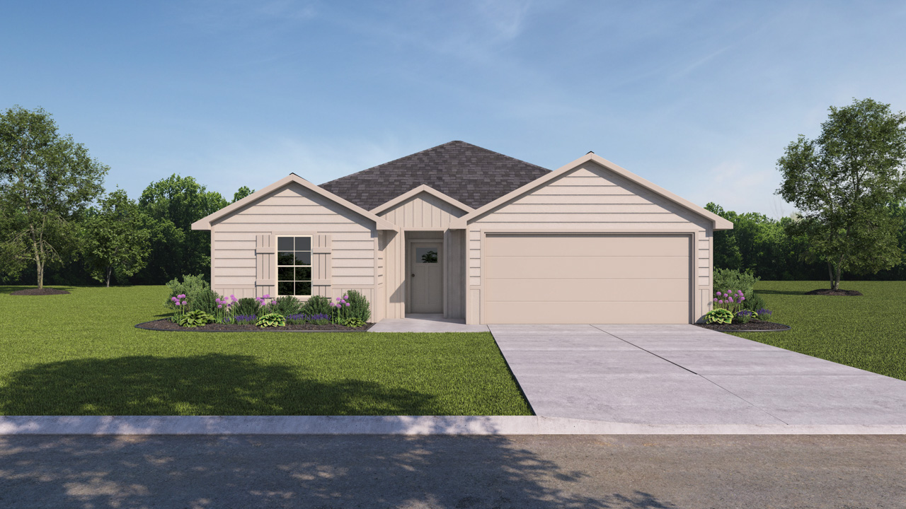 rendering of one sotry home with light colored exterior and large window facing the front yard with middle front entry to the home