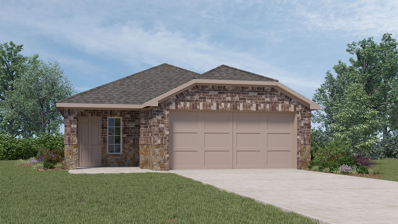 single story home rendering with 2 car garage