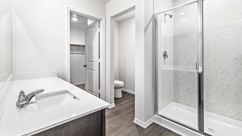 X30B primary bathroom with view of shower and closet