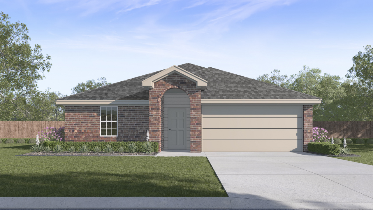 Rendering of one story home with brick exterior and middle exterior entry with large front yard