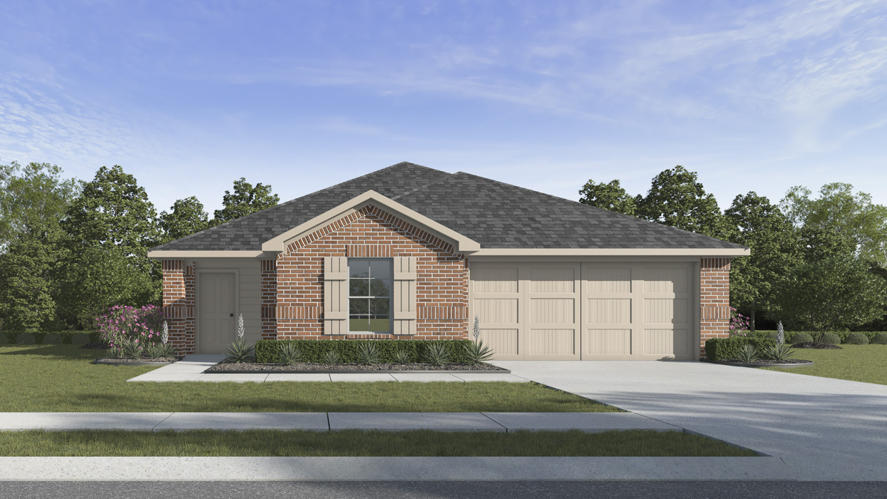 rendering of one story home with two car garage