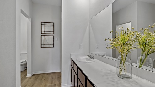 Large primary bathroom with elongated vanity