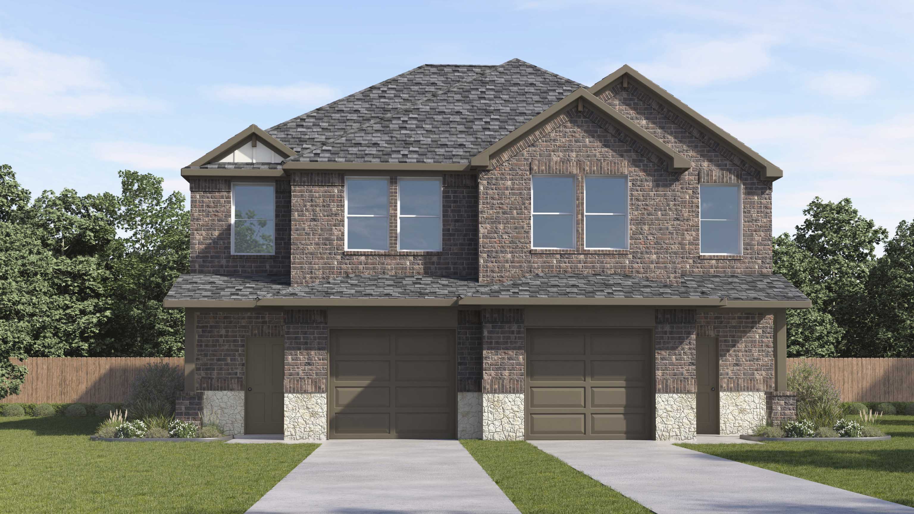 rendering of duplex with brick and stone exterior and large windows facing the front yard