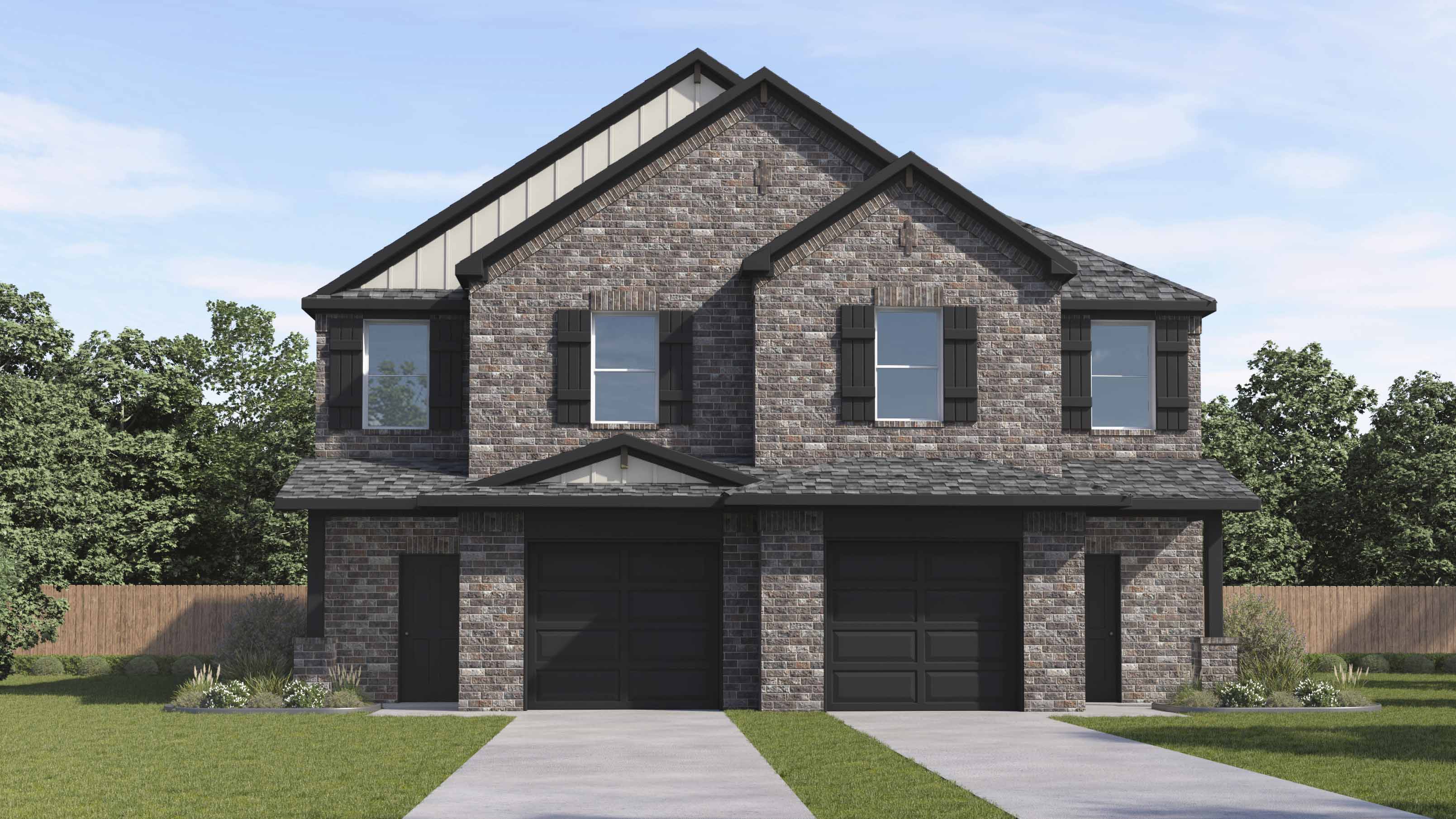 rendering of duplex with brick and stone exterior and large windows facing the front yard