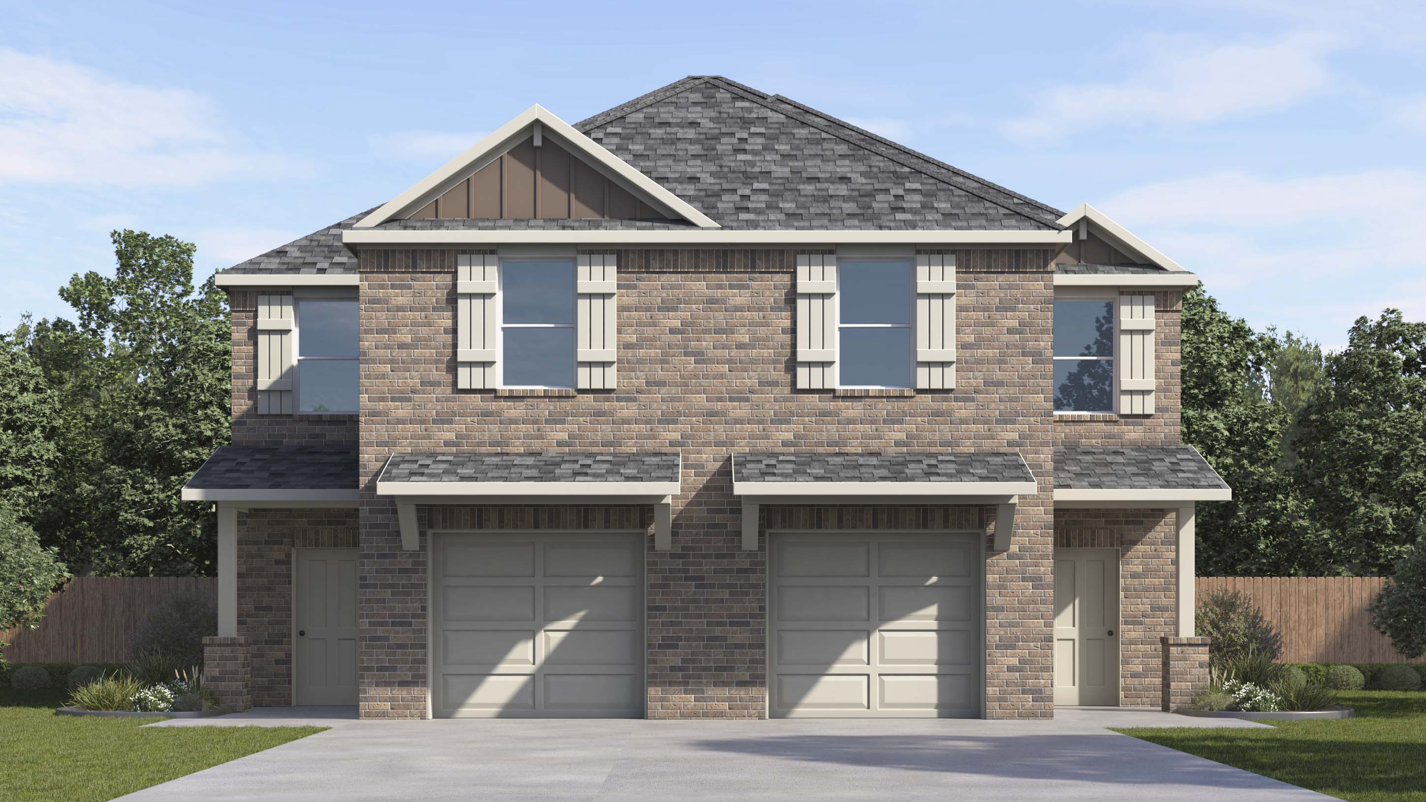rendering of two story duplexes with brick exterior and large windows facing the front yard