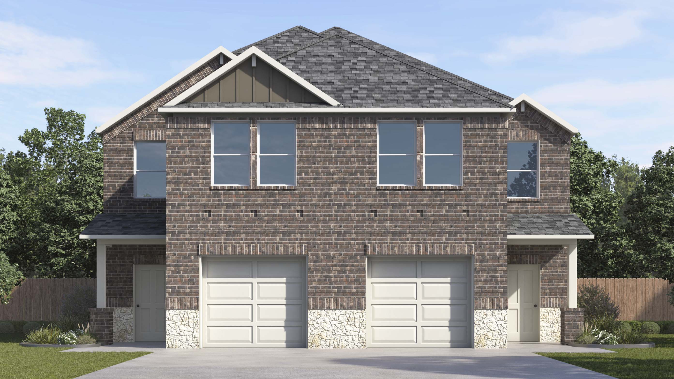 rendering of two story duplexes with brick exterior and large windows facing the front yard