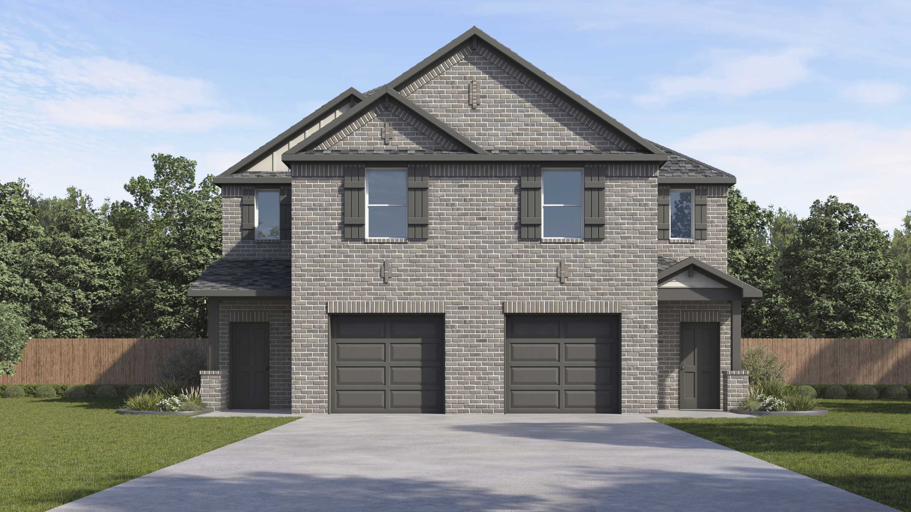 rendering of two story home with brick and large windows facing the front yard