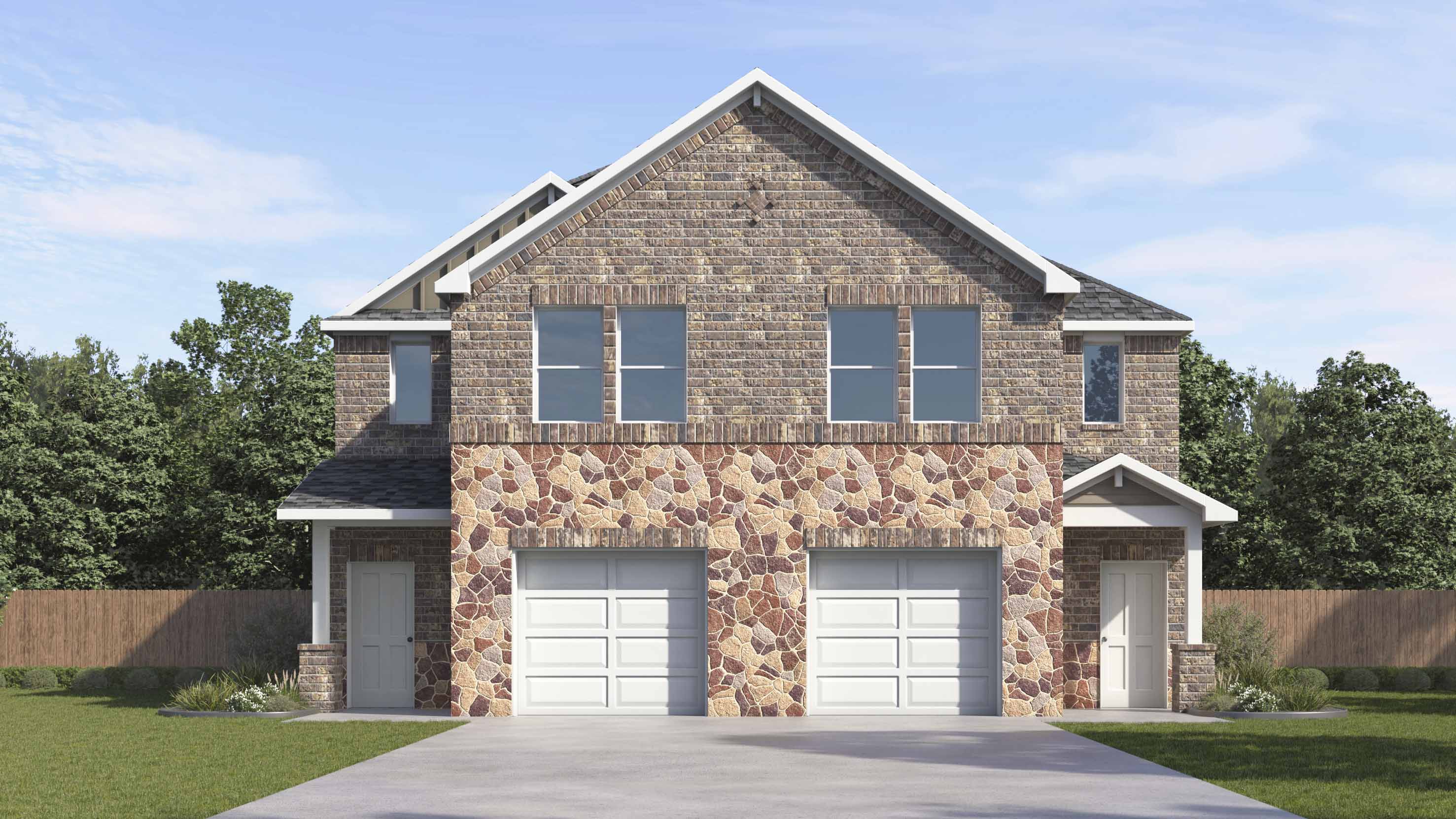 rendering of two story home with brick and large windows facing the front yard