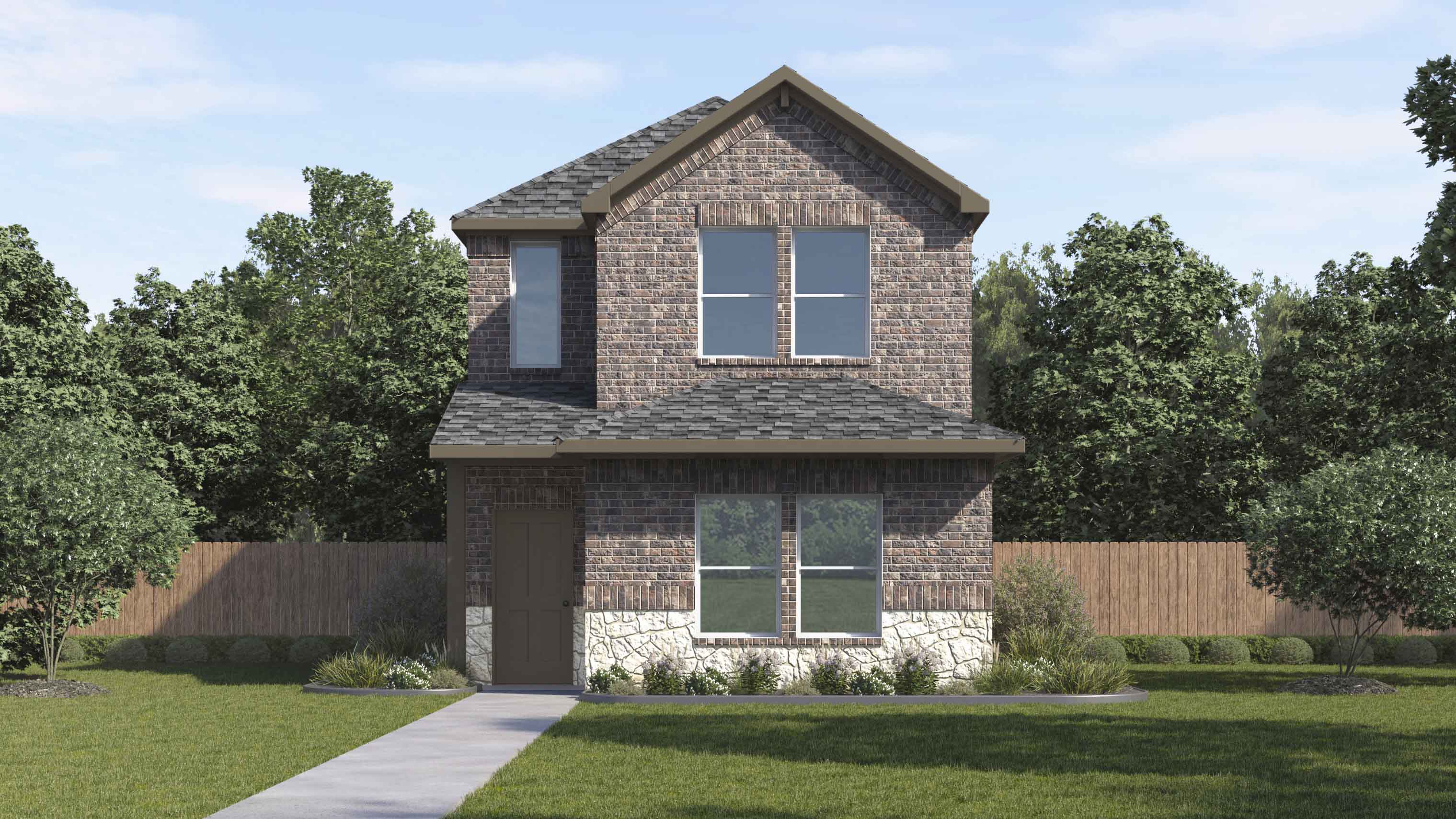 rendering of two story home with brick exterior and front side entrance
