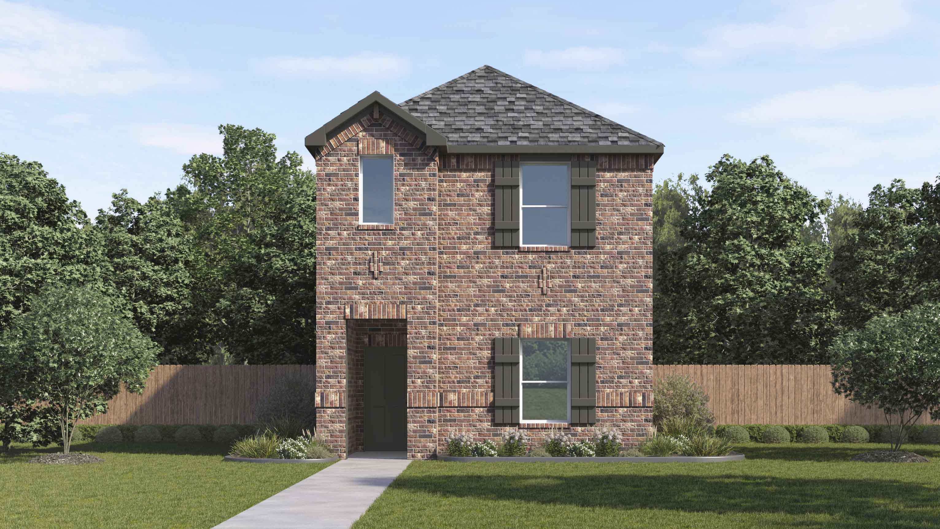 rendering of two story home with brick exterior and rear entrance to the home