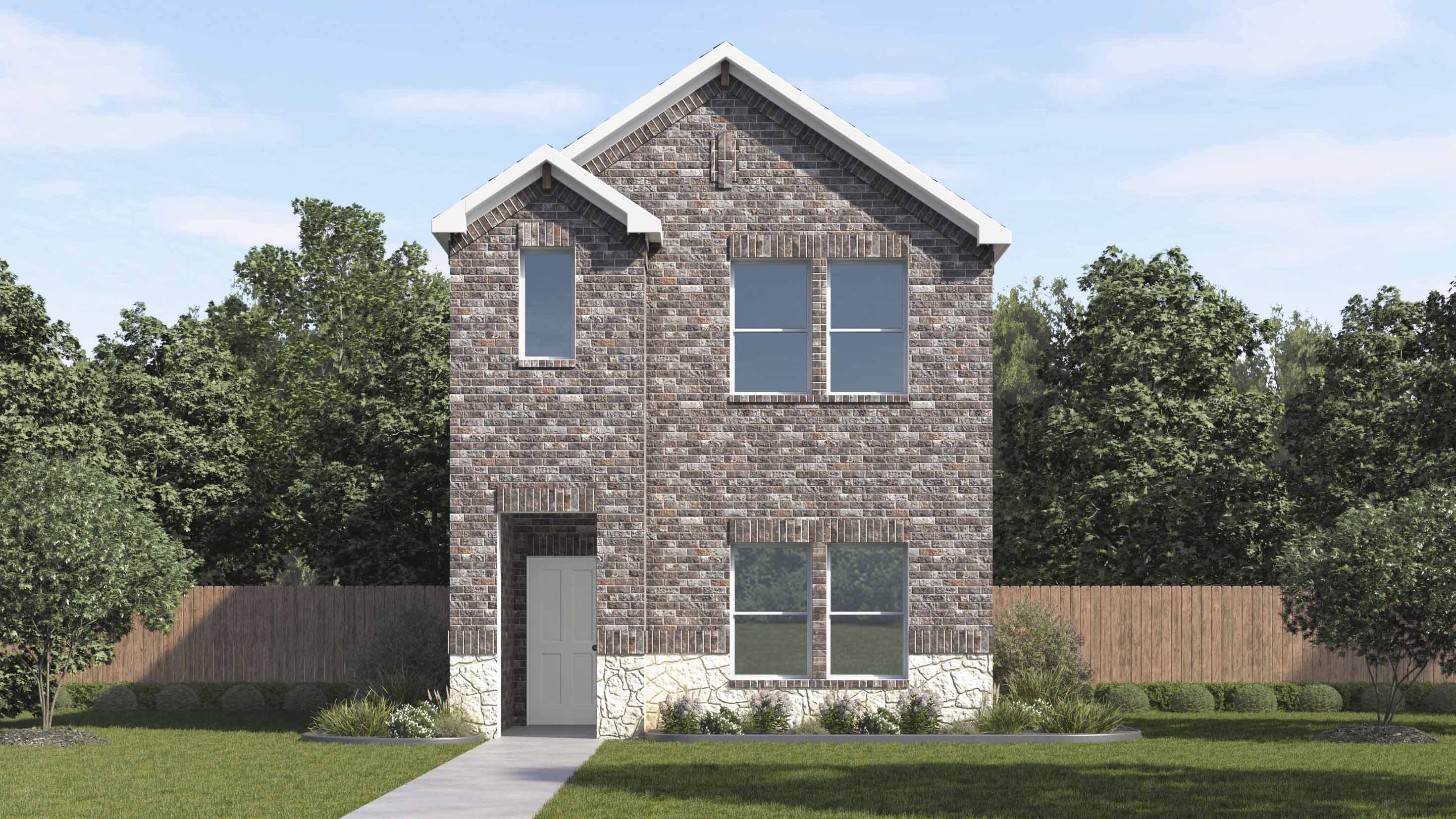 rendering of two story home with brick exterior and rear entrance to the home