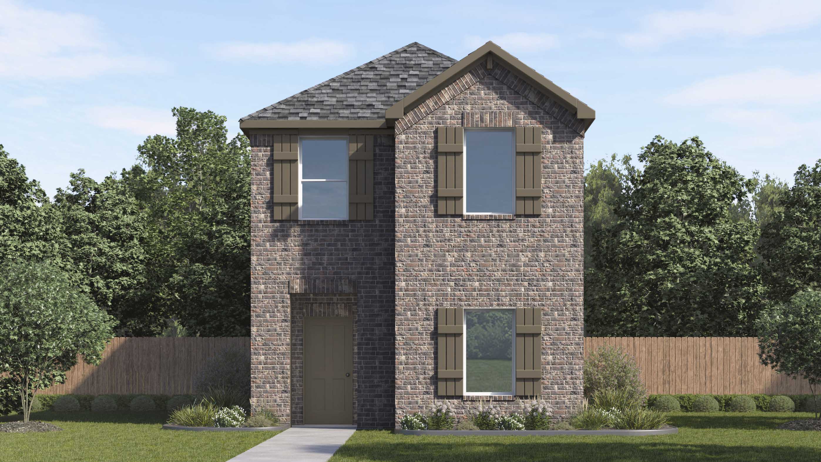 rendering of two story home with brick exterior and large windows facing the front yard with rear entrance