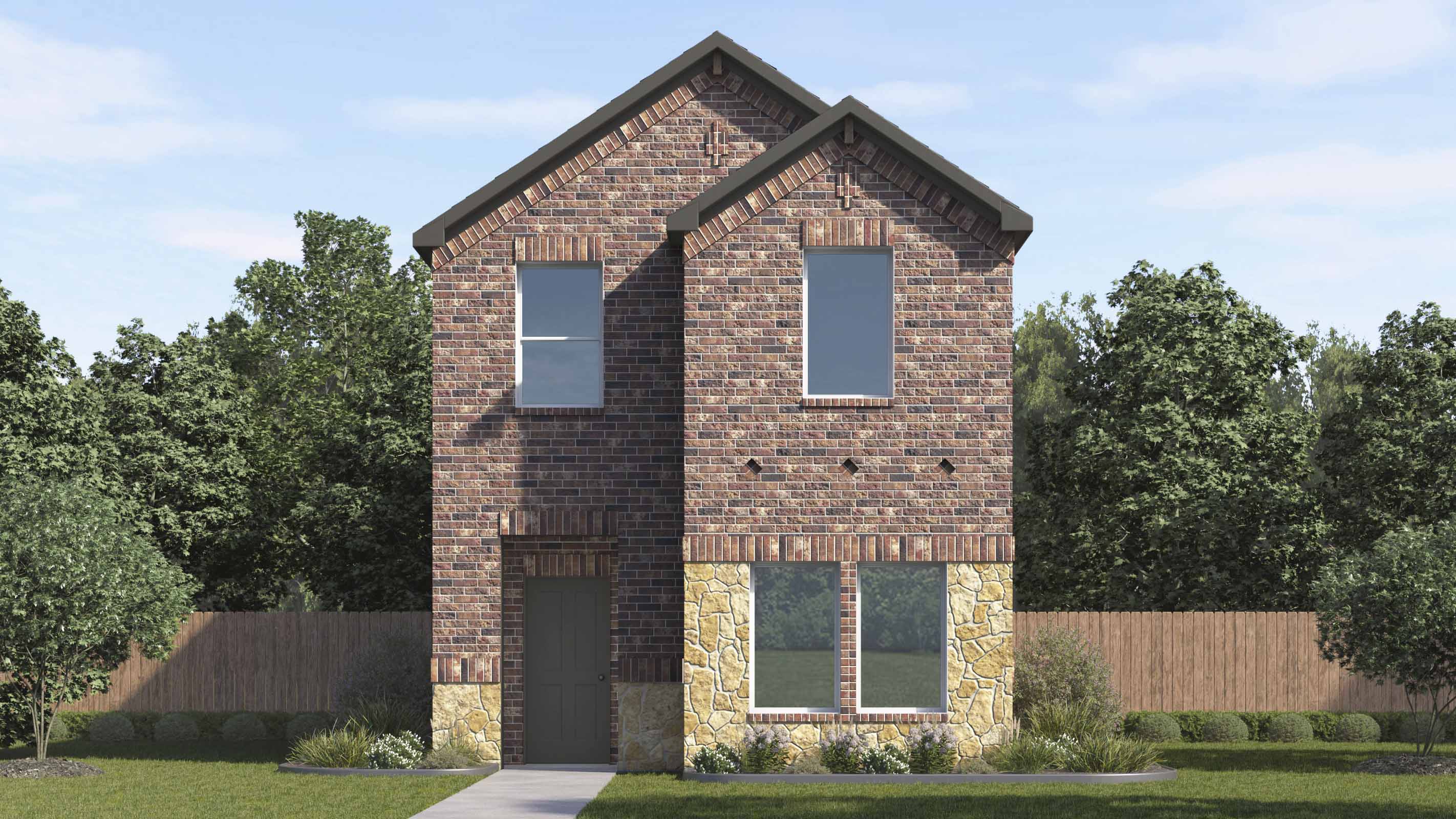 rendering of two story home with brick exterior and large windows facing the front yard with rear entrance