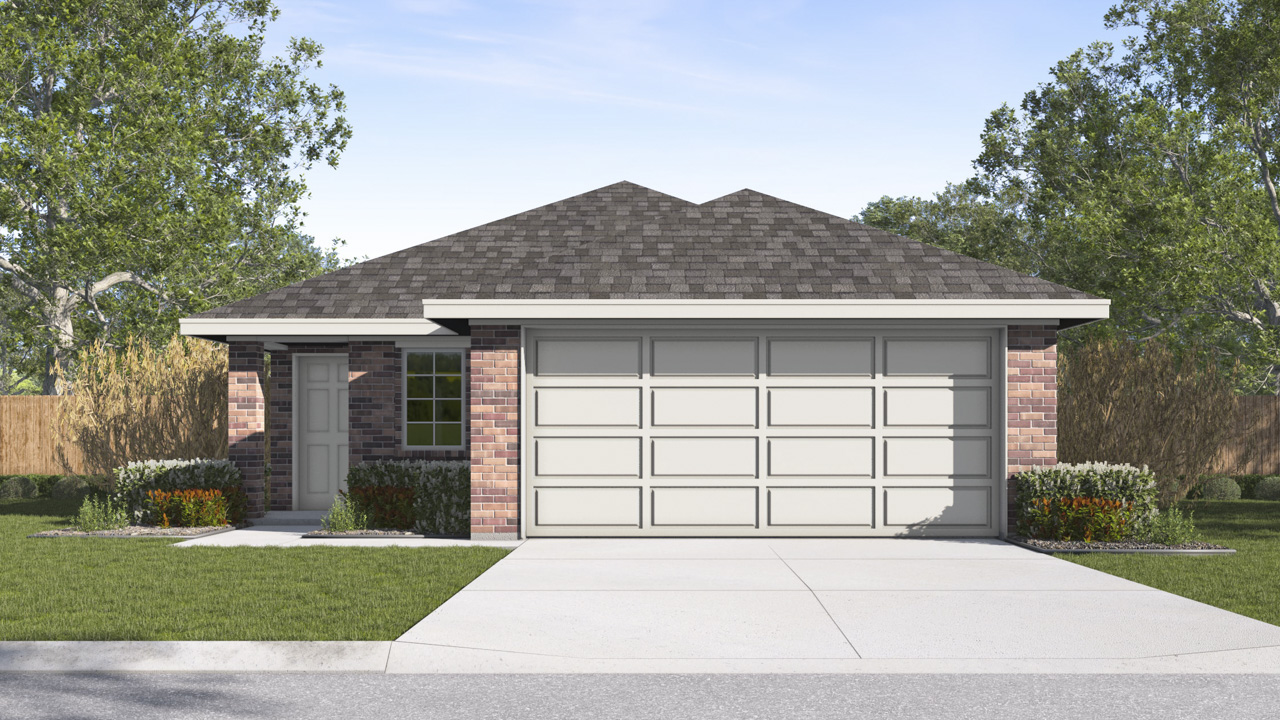 single story house rendering with 2 car garage