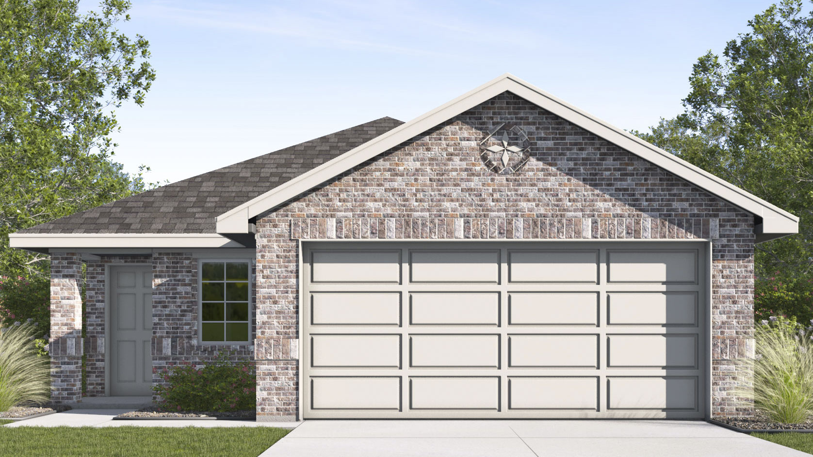 single story house rendering with 2 car garage