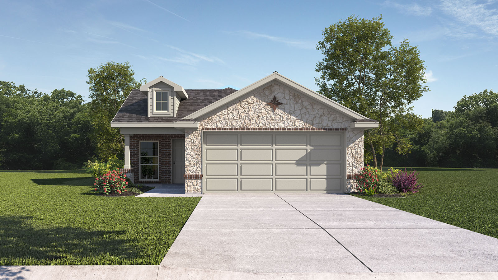 single story house rendering with 2 car garage
