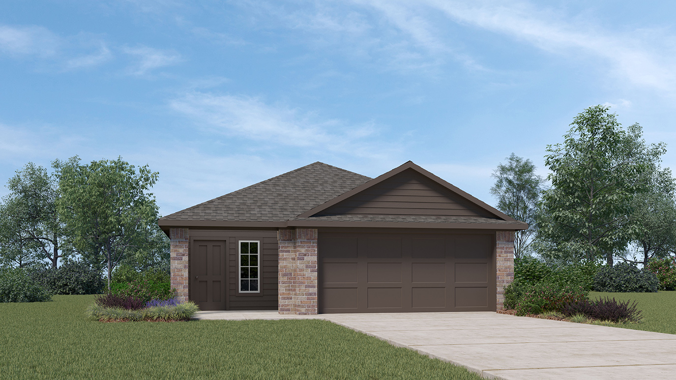 single story house rendering with 2 car garage