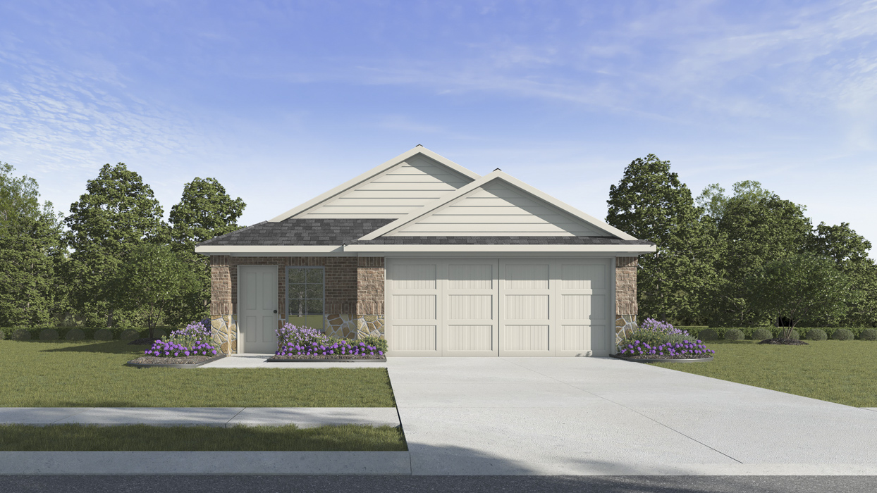 single story home rendering with 2 car garage