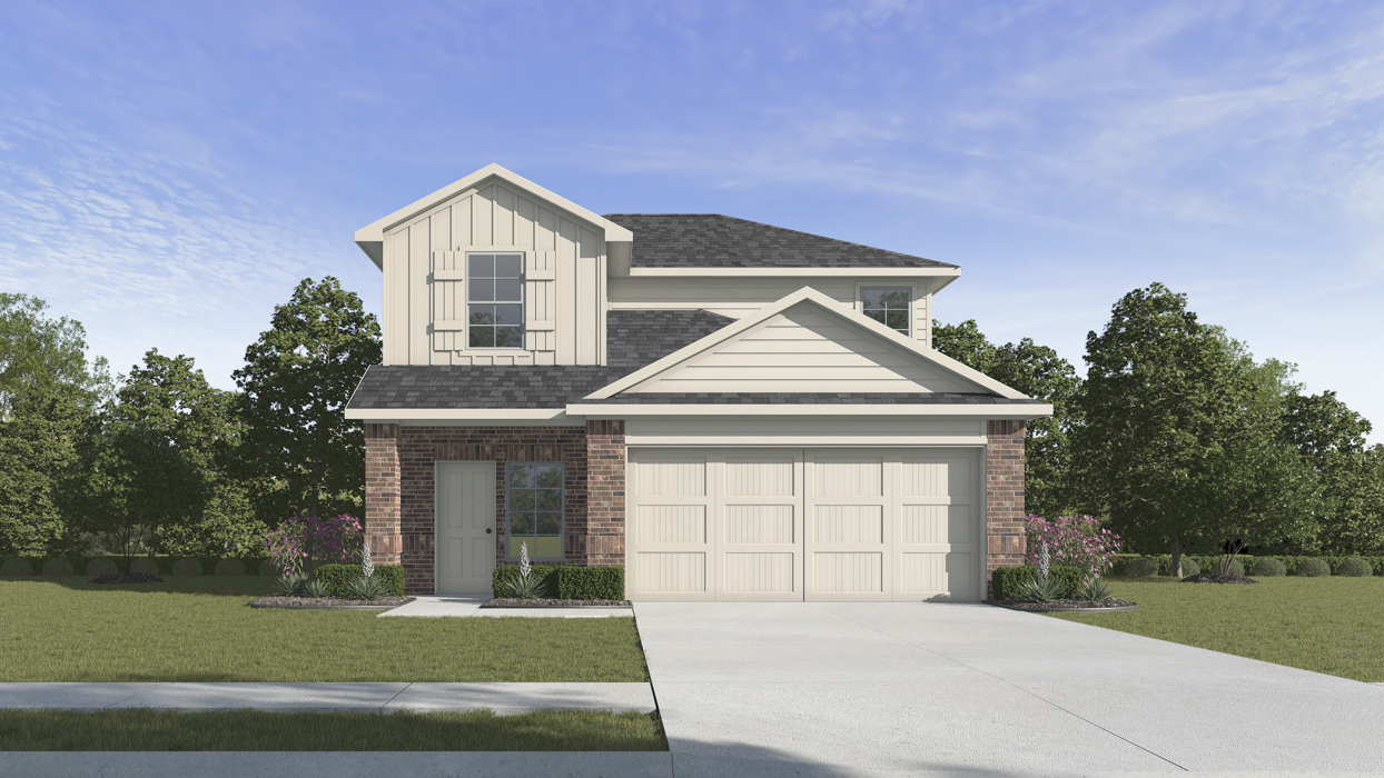 V20 X30J Rendering of two story home with large windows facing the front yard with a mix of wood and brick exterior with front entry of the home on the left side